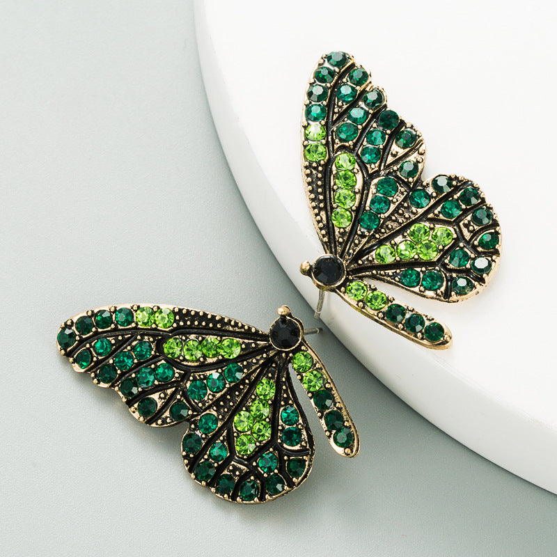 European and American style personalized design butterfly wings colored diamond series earrings alloy diamond set cute girl heart stud earrings