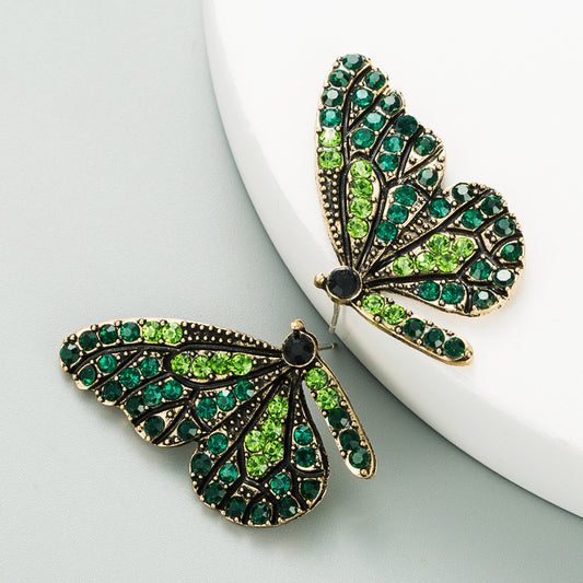 European and American style personalized design butterfly wings colored diamond series earrings alloy diamond set cute girl heart stud earrings