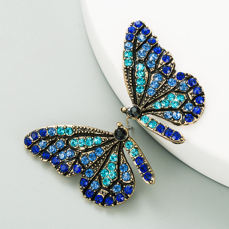 European and American style personalized design butterfly wings colored diamond series earrings alloy diamond set cute girl heart stud earrings