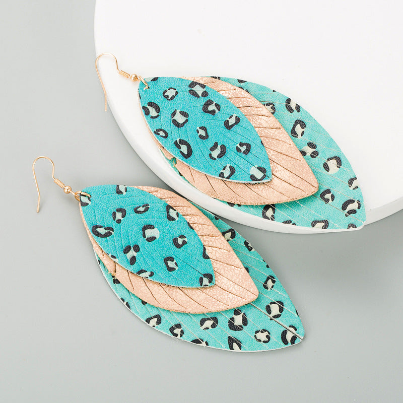 European and American new creative exaggerated multi-layer leather print leaf shape earrings bohemian fashion trend drop earrings