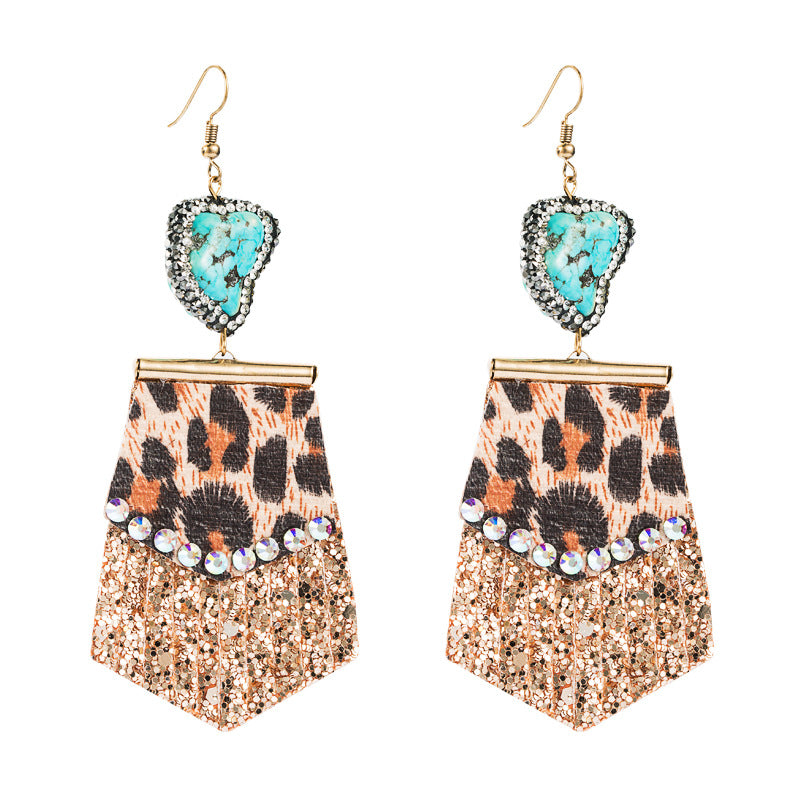 Amazon trend leopard print long leather small fresh diamond-studded women's earrings exaggerated earrings earrings