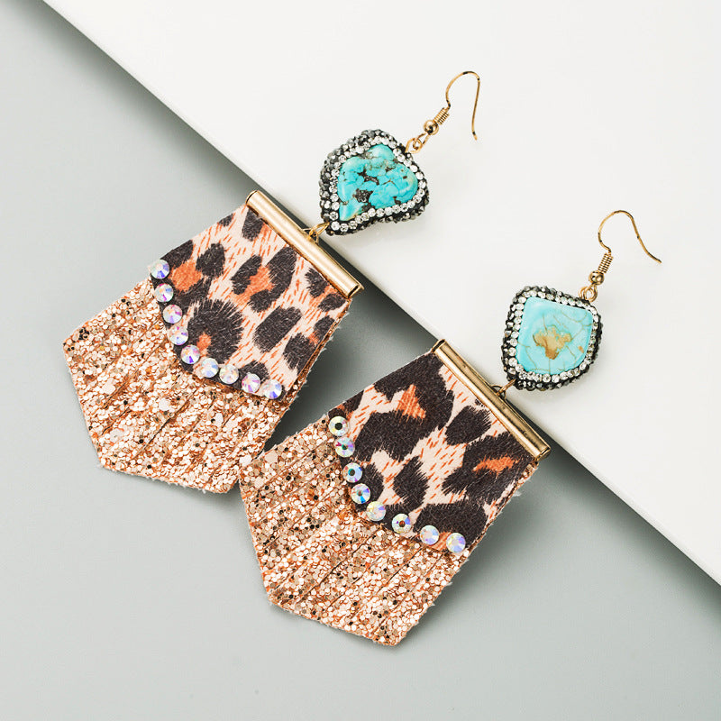 Amazon trend leopard print long leather small fresh diamond-studded women's earrings exaggerated earrings earrings