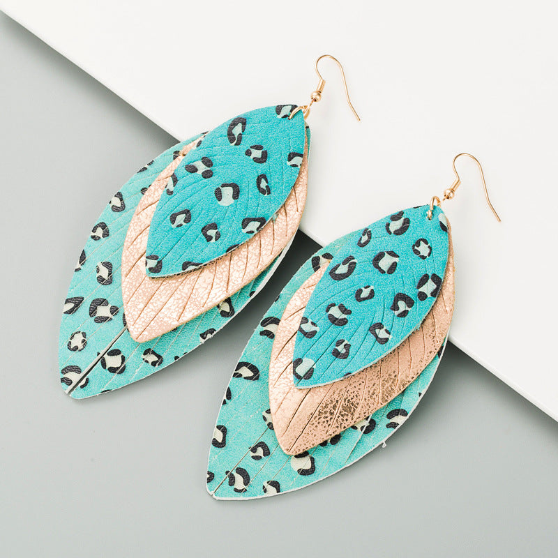 European and American new creative exaggerated multi-layer leather print leaf shape earrings bohemian fashion trend drop earrings