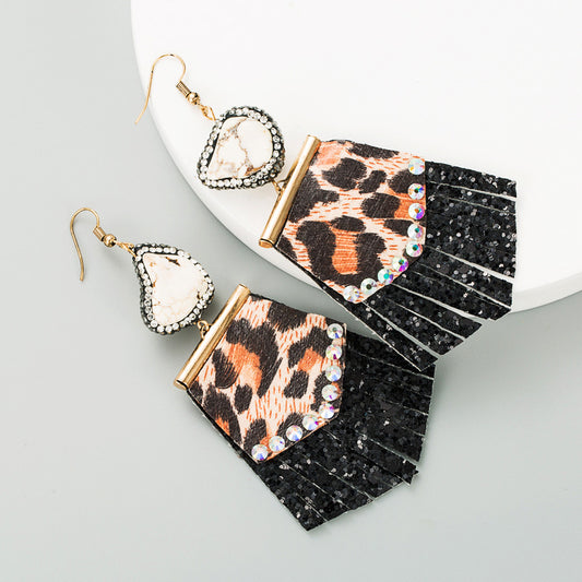 Amazon trend leopard print long leather small fresh diamond-studded women's earrings exaggerated earrings earrings