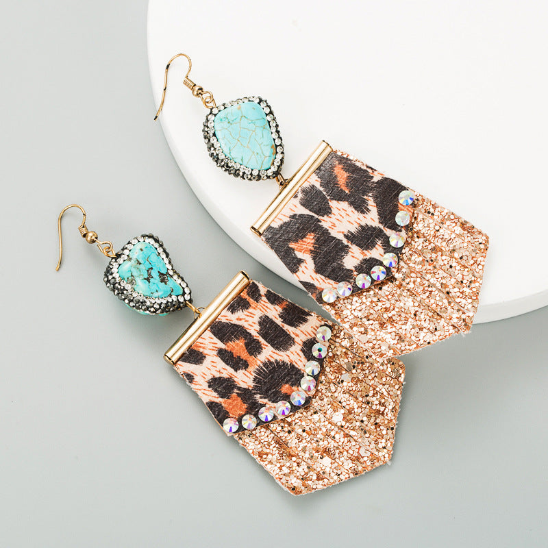 Amazon trend leopard print long leather small fresh diamond-studded women's earrings exaggerated earrings earrings