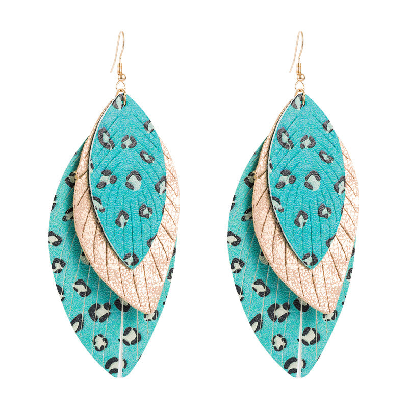 European and American new creative exaggerated multi-layer leather print leaf shape earrings bohemian fashion trend drop earrings