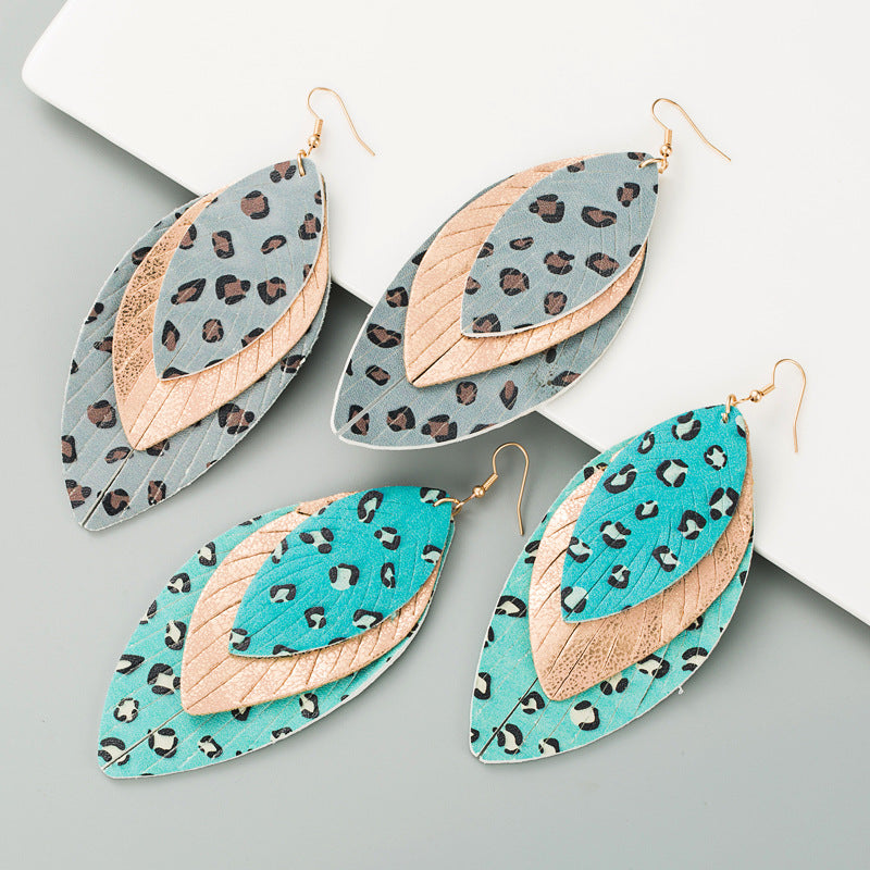 European and American new creative exaggerated multi-layer leather print leaf shape earrings bohemian fashion trend drop earrings