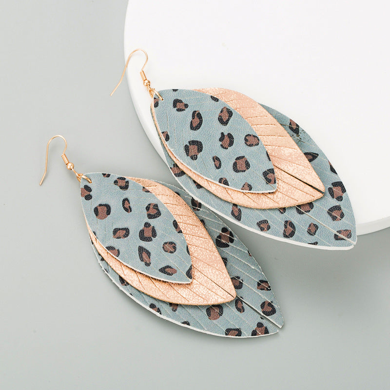 European and American new creative exaggerated multi-layer leather print leaf shape earrings bohemian fashion trend drop earrings