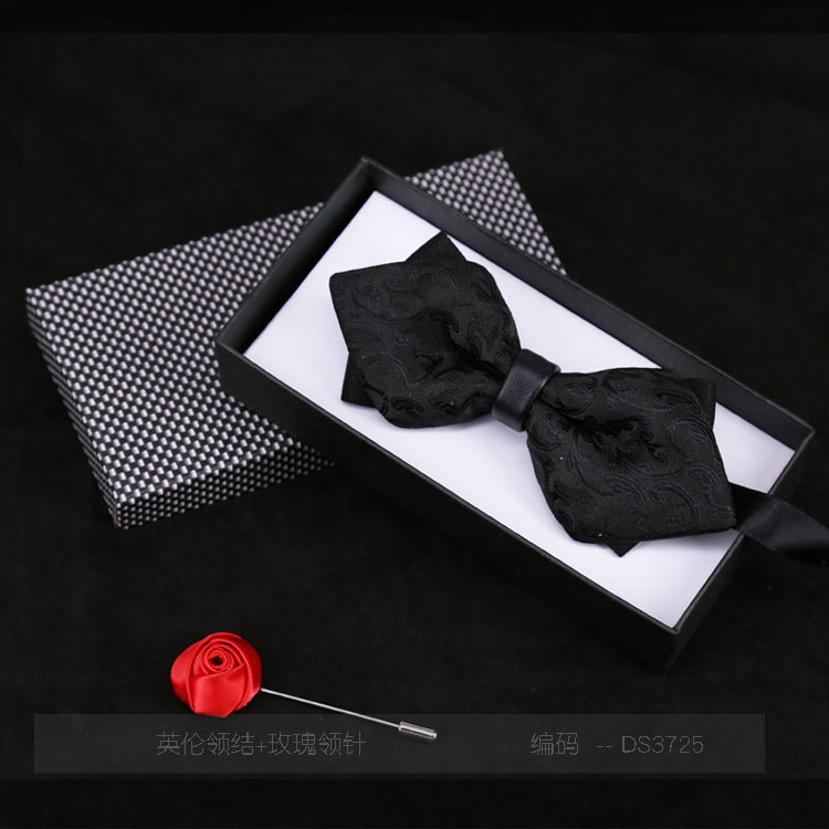 Men's Bow Tie Flower Casual Plaid Black Jujube Red Sharp Corner Striped Bow Tie Gift Rose Brooch