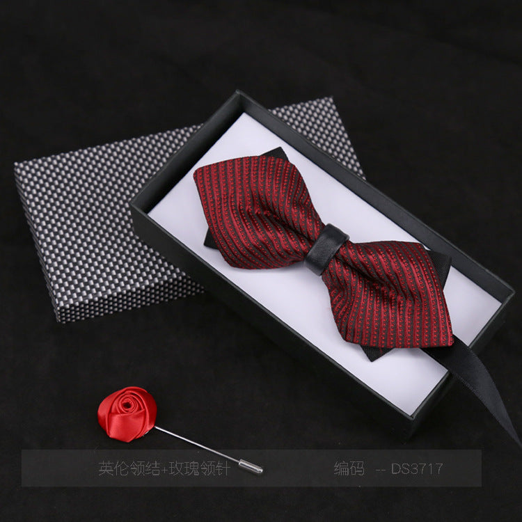 Men's Bow Tie Flower Casual Plaid Black Jujube Red Sharp Corner Striped Bow Tie Gift Rose Brooch