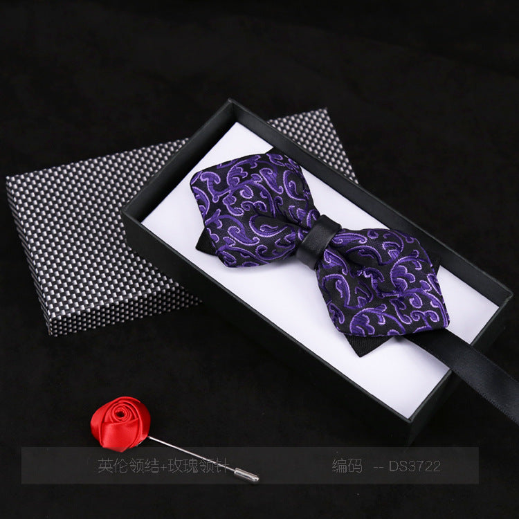 Men's Bow Tie Flower Casual Plaid Black Jujube Red Sharp Corner Striped Bow Tie Gift Rose Brooch