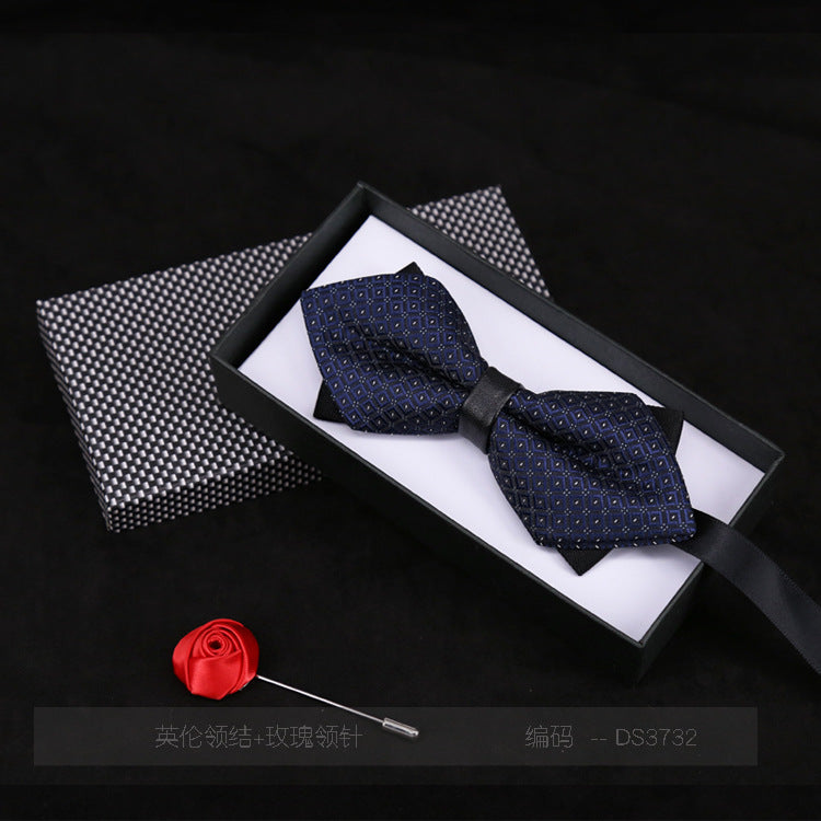 Men's Bow Tie Flower Casual Plaid Black Jujube Red Sharp Corner Striped Bow Tie Gift Rose Brooch