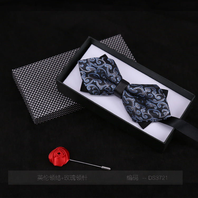 Men's Bow Tie Flower Casual Plaid Black Jujube Red Sharp Corner Striped Bow Tie Gift Rose Brooch