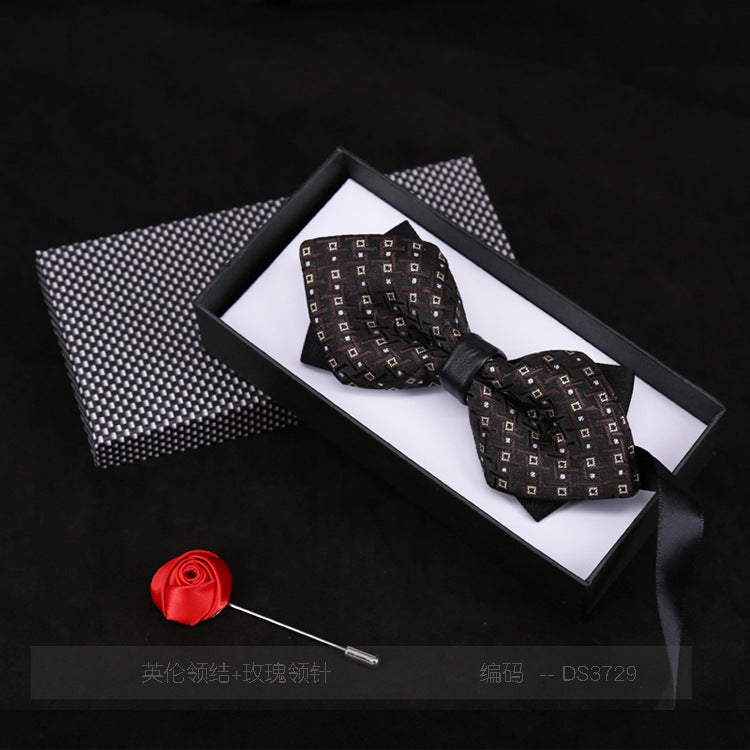 Men's Bow Tie Flower Casual Plaid Black Jujube Red Sharp Corner Striped Bow Tie Gift Rose Brooch