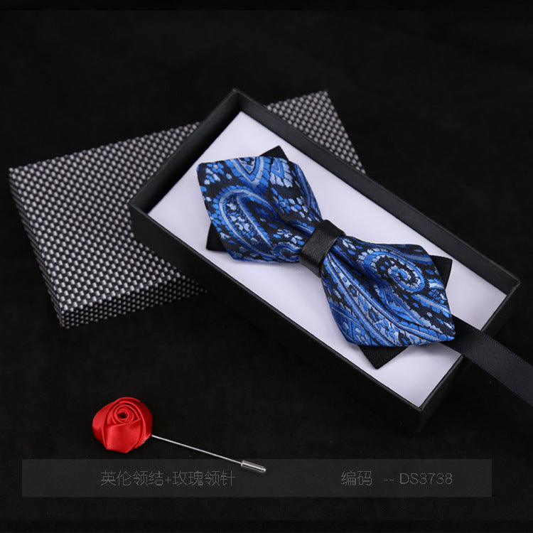 Men's Bow Tie Flower Casual Plaid Black Jujube Red Sharp Corner Striped Bow Tie Gift Rose Brooch