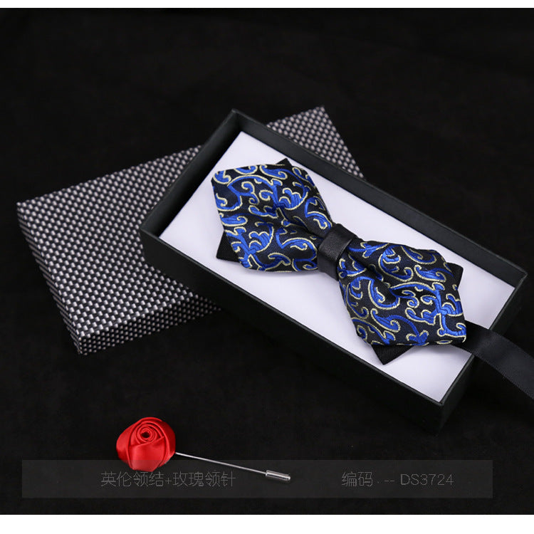 Men's Bow Tie Flower Casual Plaid Black Jujube Red Sharp Corner Striped Bow Tie Gift Rose Brooch