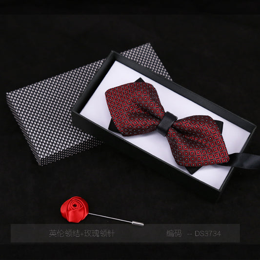 Men's Bow Tie Flower Casual Plaid Black Jujube Red Sharp Corner Striped Bow Tie Gift Rose Brooch