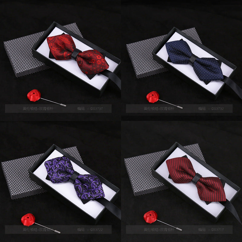 Men's Bow Tie Flower Casual Plaid Black Jujube Red Sharp Corner Striped Bow Tie Gift Rose Brooch