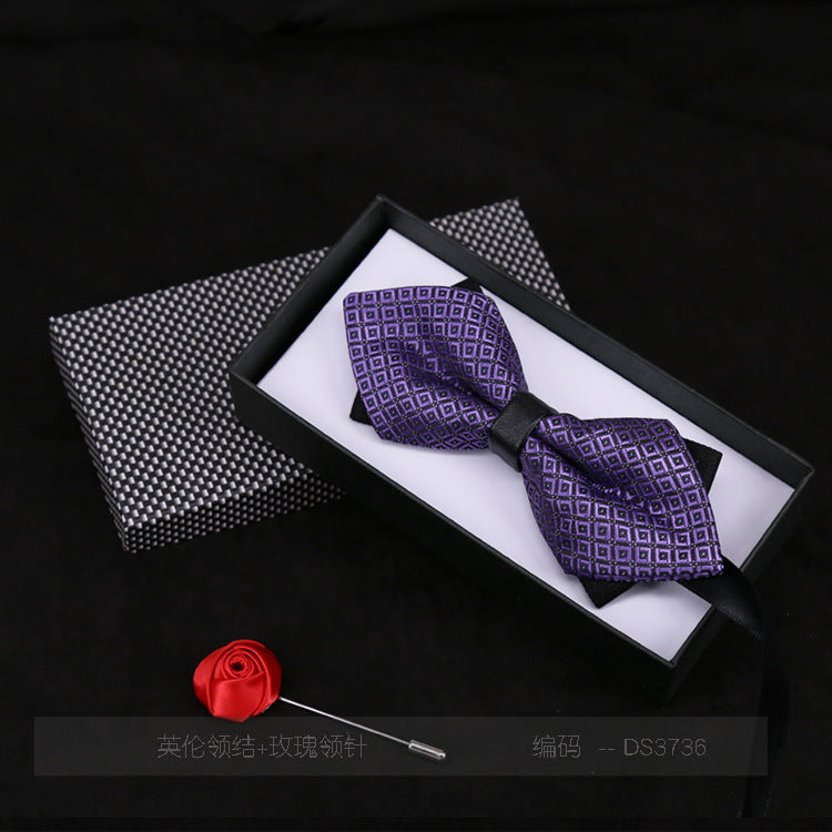 Men's Bow Tie Flower Casual Plaid Black Jujube Red Sharp Corner Striped Bow Tie Gift Rose Brooch