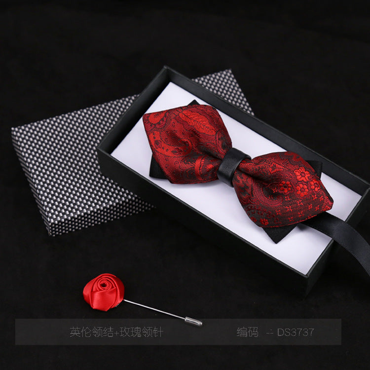 Men's Bow Tie Flower Casual Plaid Black Jujube Red Sharp Corner Striped Bow Tie Gift Rose Brooch