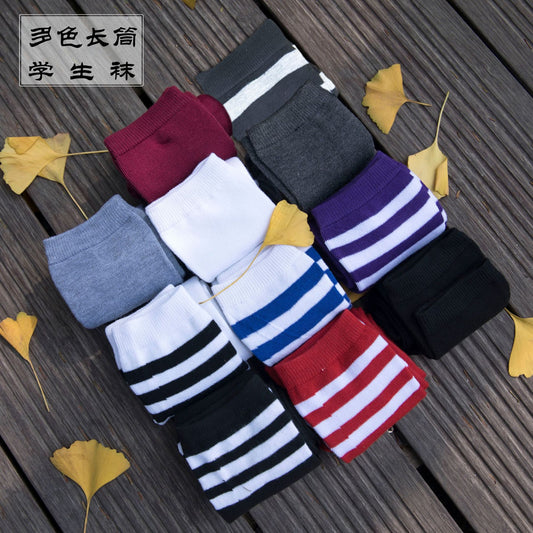 XS01 Japanese Department Erotic College Style Three Bar Student High Socks Korea Striped Over-the-Knee Socks Women's Cotton Long Tube