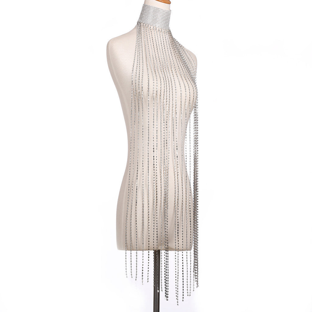 Performance: European and American cross-border jewelry, diamond-encrusted, exaggerated sparkling diamond breastb, tassel necklace, rhinestone cape, body chain