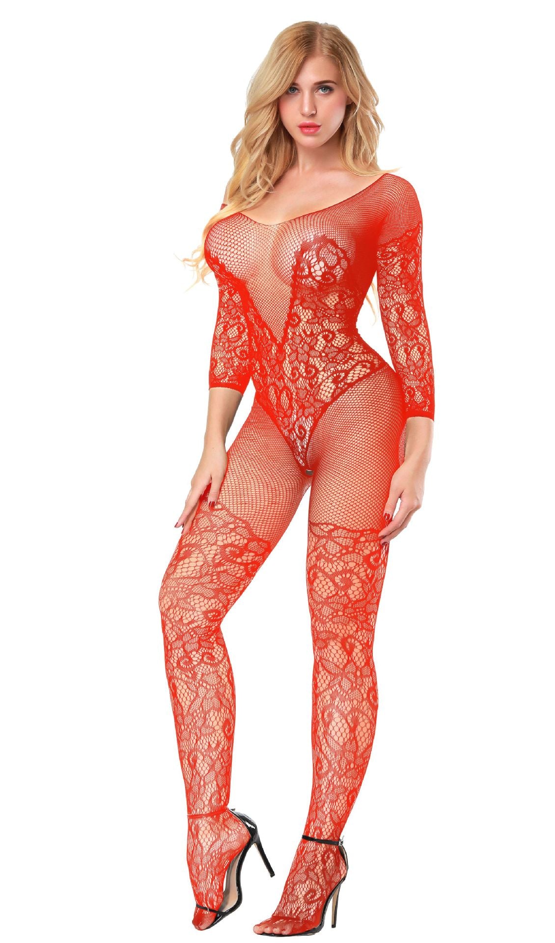 8507 Amazon hot embroidery sex sex stockings long sleeve open stockings net clothes jumpsuit sex underwear