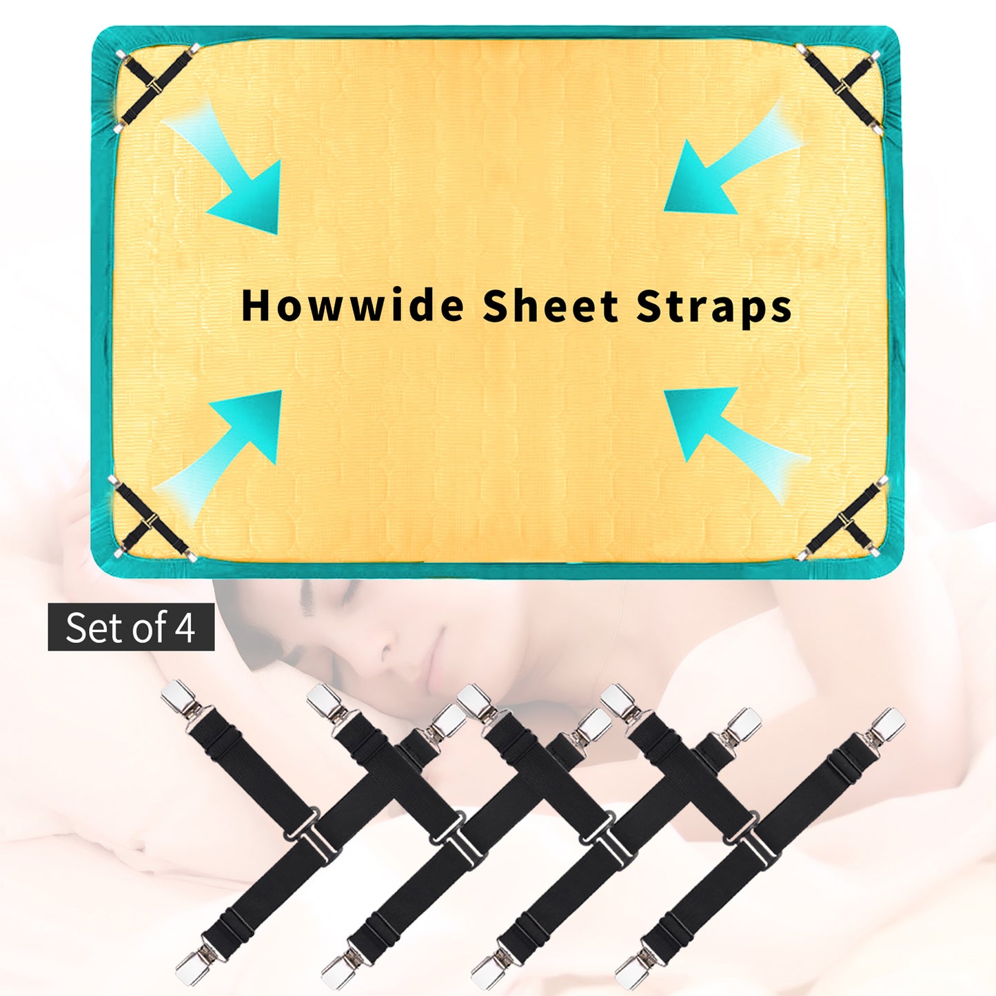 Howwide Bed Sheet Straps Fitted Sheet Holders for Corners 4 Pieces Black