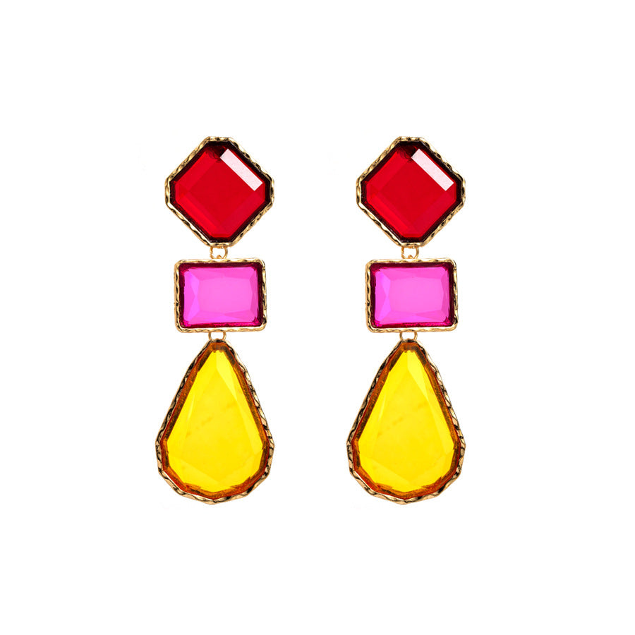 European and American fashion light luxury alloy square earrings colorful waterdrop resin earrings ornaments bohemian retro earrings