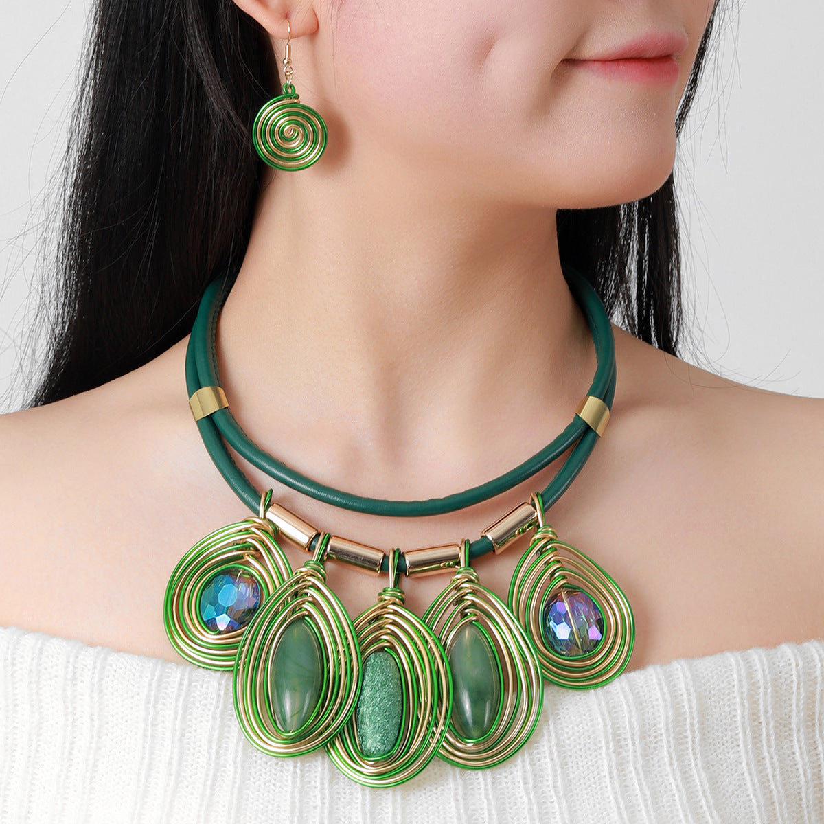New European and American exaggerated fashion crystal multi-layer necklace earrings set hand-wound ethnic style stage accessories