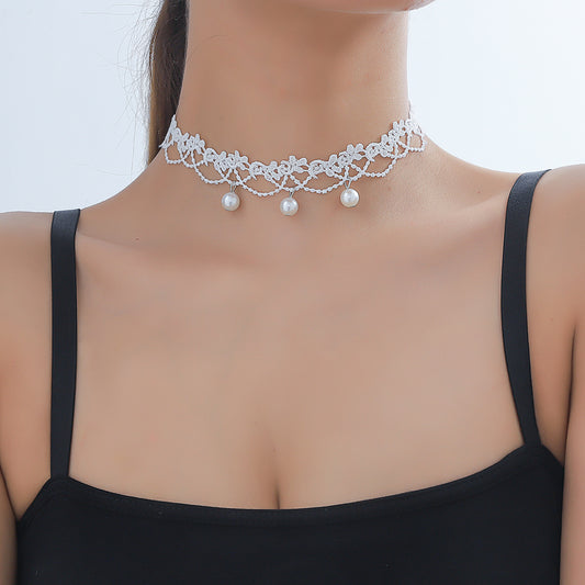 2024 New Sweet Princess Style Pearl Accessories Lace Necklace Korean Version Fashion Versatile Wedding Necklace Collar