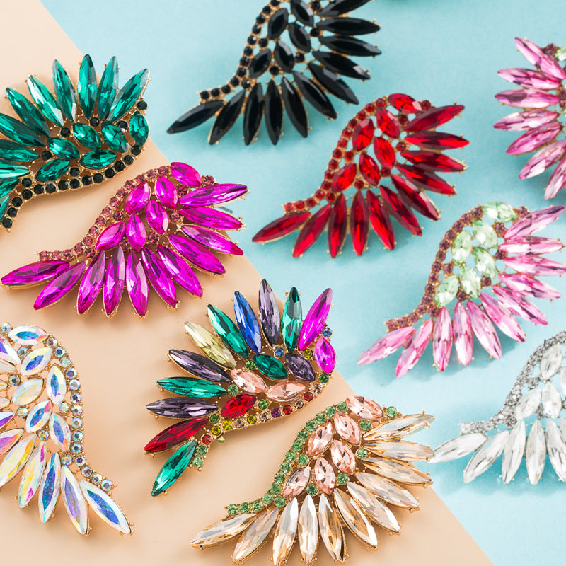 European and American heavy industry exaggerated fan-shaped bohemian style wings colored rhinestone earrings trend stud earrings cross-border supply