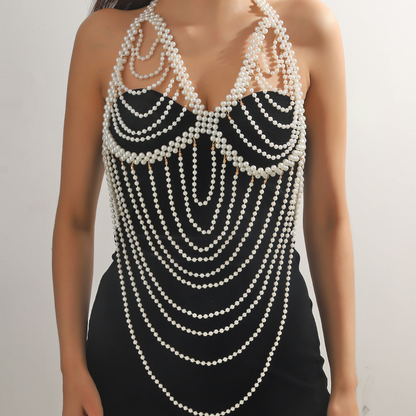 New European and American Jewelry, Fashion, Bridal Shawl, Dress, Chest Chain, Exaggerated Multi-layered Pearls, Sexy Chest Ornament, Body Chain