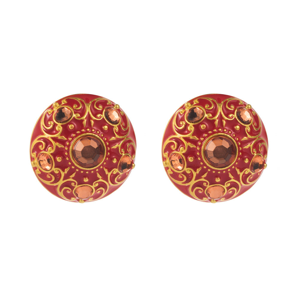 Cross-border retro atmosphere high-end earrings, dripping oil pattern, alloy inlaid with diamonds, S925 silver needle, palace style stud earrings