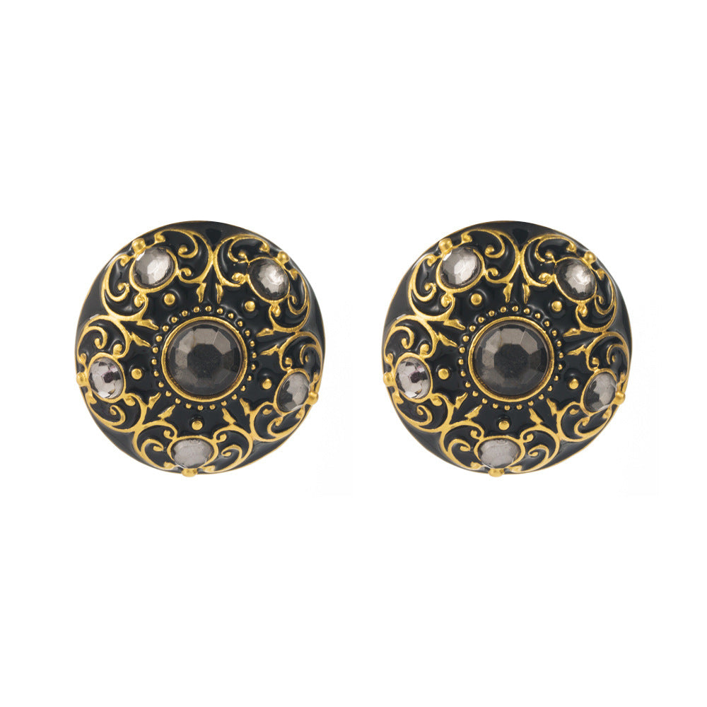 Cross-border retro atmosphere high-end earrings, dripping oil pattern, alloy inlaid with diamonds, S925 silver needle, palace style stud earrings