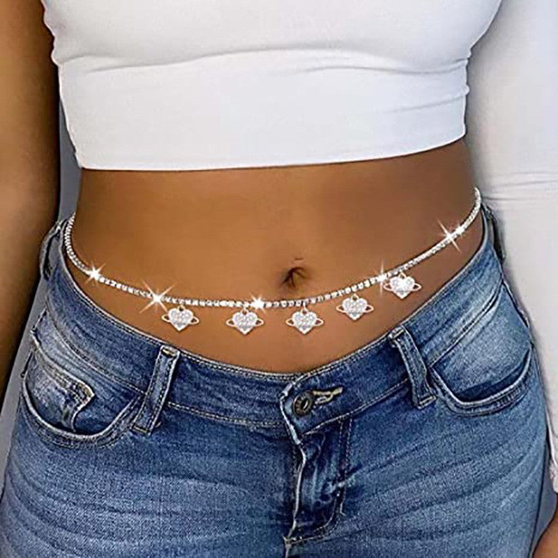 New European and American cross-border new fashion love rhinestone silver-plated waist chain popular simple heart-shaped body chain