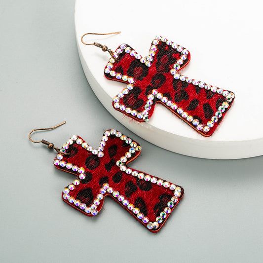 European and American personality exaggerated cross-shaped double-sided printed leather leopard print earrings long full of diamonds retro ins earrings