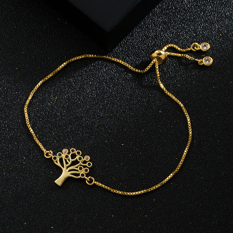 European and American fashion personality copper plated real gold micro inlaid zircon tree shape bracelet simple pastoral style bracelet accessories women