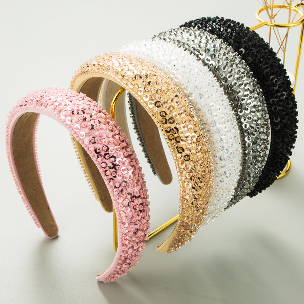 Korean version luxury handmade beaded crystal sequin headband women's simple super glitter wide-brimmed fashion high-end headband hair accessories