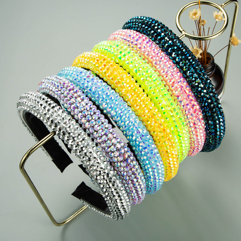 Cross-border European and American spring and summer new thin edge super flash headband, bright solid color fabric, full diamond headband, toothed anti-slip hair accessories