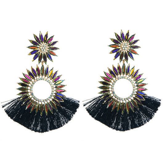 European and American style fashion exaggerated earrings, round sunflowers, diamonds, tassel earrings, high-end bohemian style earrings