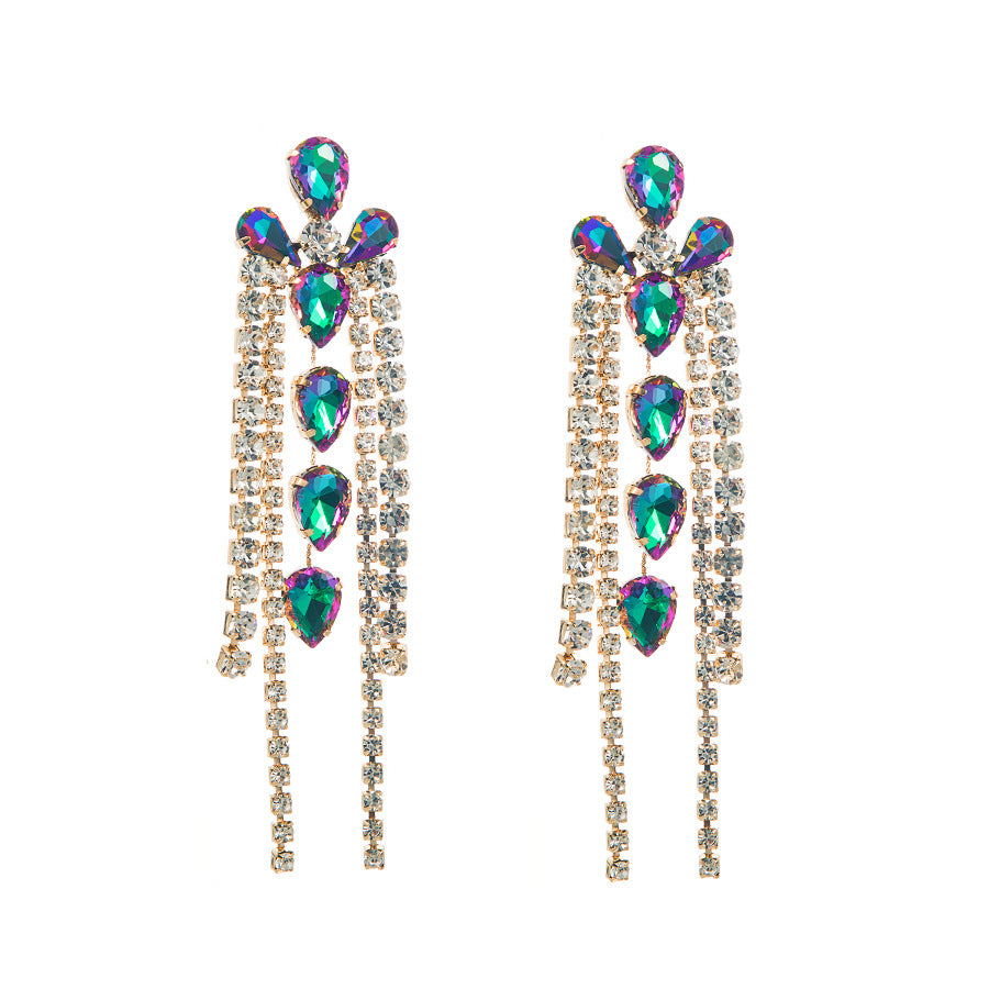 European and American personality exaggerated, multi-layered geometric glass, diamond and diamond tassel earrings, feminine diamond catwalk earrings