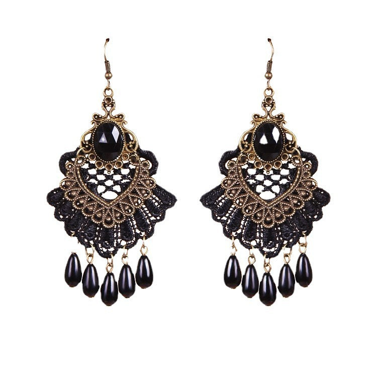 New European and American Stud Ladies Noble Earrings Antique Black Tassel Lace Earrings Foreign Trade Jewelry Spot Wholesale