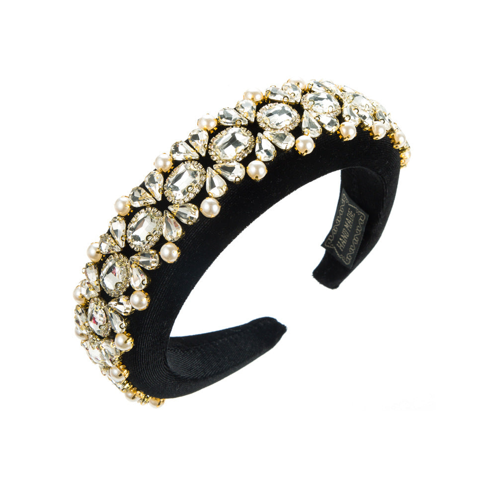 European and American new baroque court style sponge full of diamonds and pearl headbands, women's retro heavy industry, high skull crown temperament hair accessories