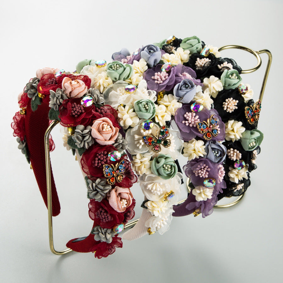 European and American new baroque rhinestone flower headband fabric rose fashion small fresh headband jewelry wholesale
