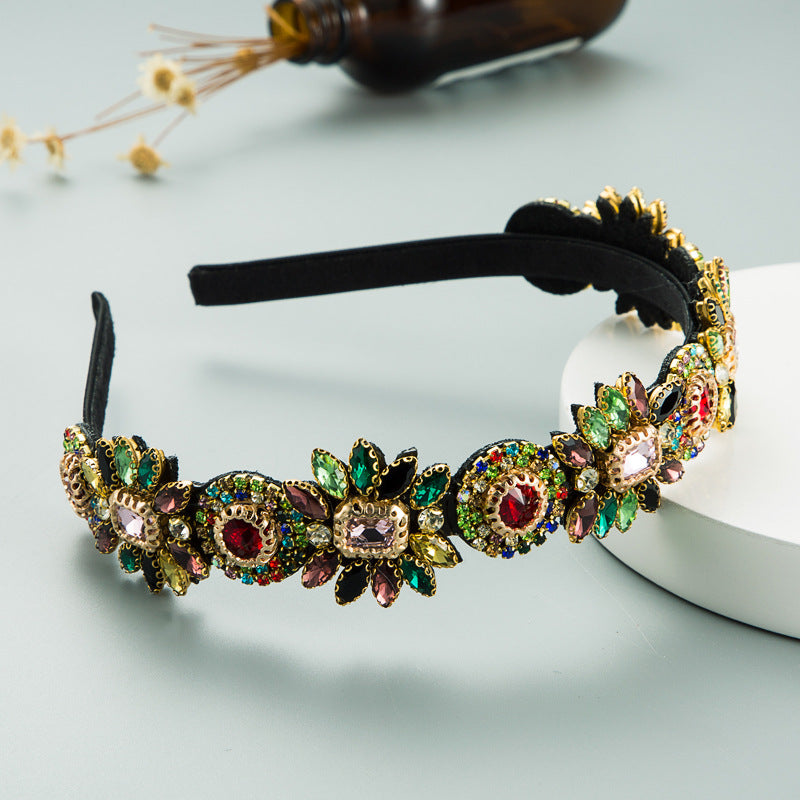 Cross-border, European, American, and new seasonal new personality exaggerated fabric headbands, inlaid with glass diamonds, flower headbands, Korean thin-edged hair accessories
