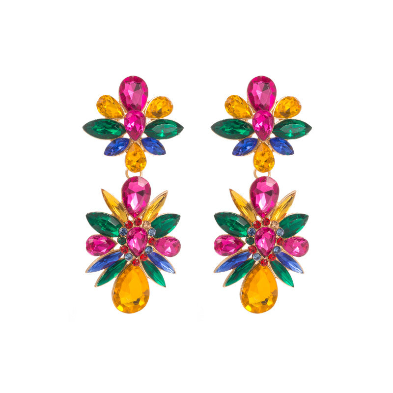 European and American fashion colored diamond alloy earrings women's ins long flower earrings high-end party earrings cross-border wholesale