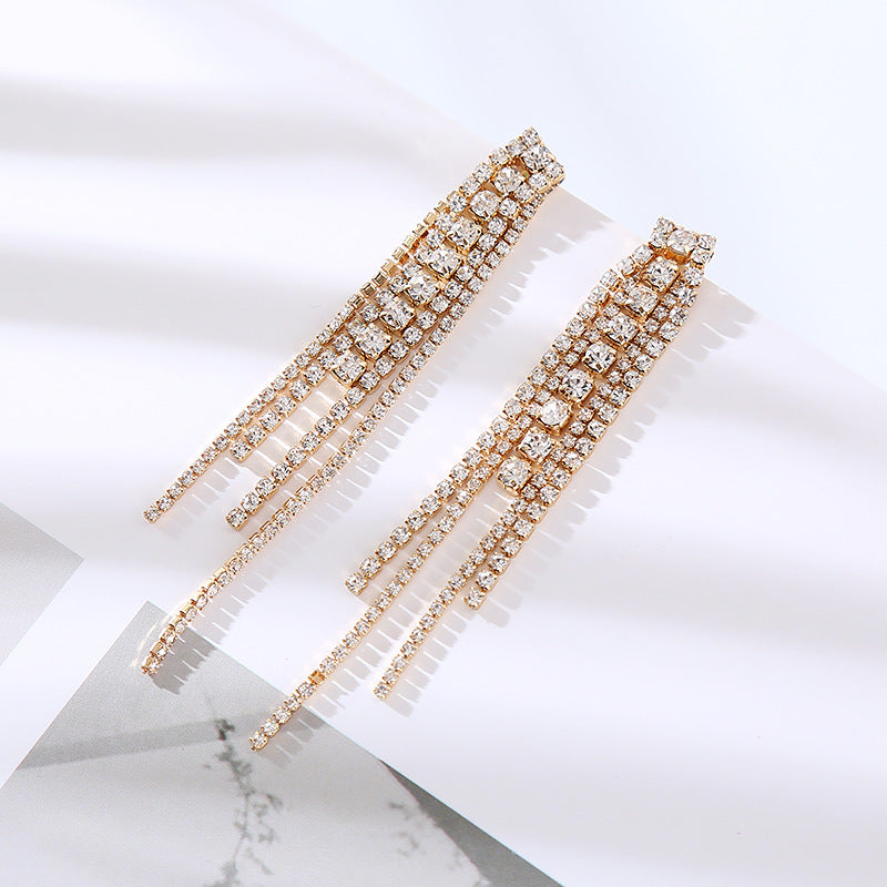 Luxury full diamond long tassel earringsKorean Internet celebrity new temperament drop earrings party high-end super flash ear jewelry