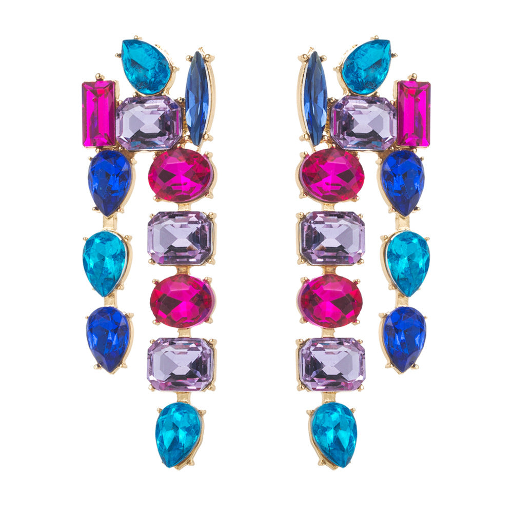 Cross-border European and American new colored diamond long earrings women's creative full of diamonds exaggerated personality dinner party earrings earrings