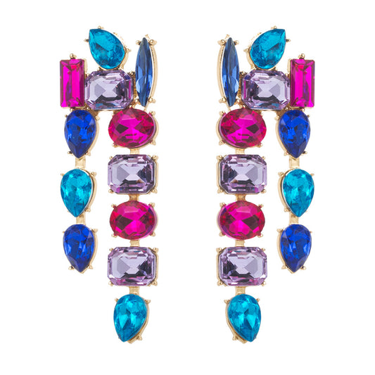 Cross-border European and American new colored diamond long earrings women's creative full of diamonds exaggerated personality dinner party earrings earrings